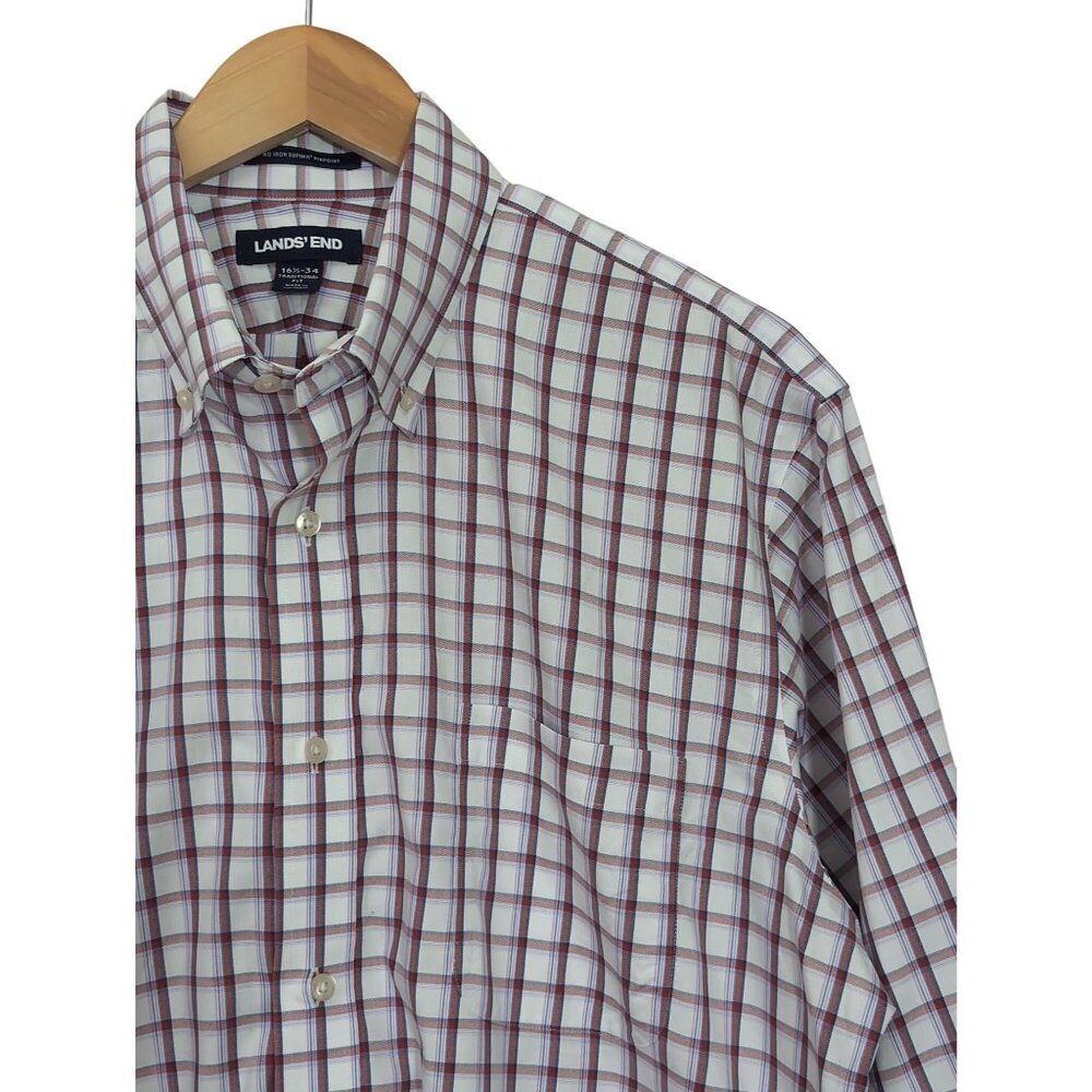 Lands End Button‎ Down Shirt Mens 16.5 34 Red Blue Plaid Long Sleeve No Iron